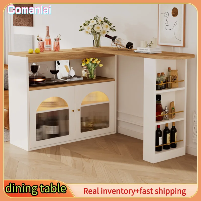 Comanlai Moderner Esstisch, ausziehbarer Bartisch mit Stauraum, drehbar, für Esszimmer, mit 1 m langem LED-Lichtstreifen, weiß