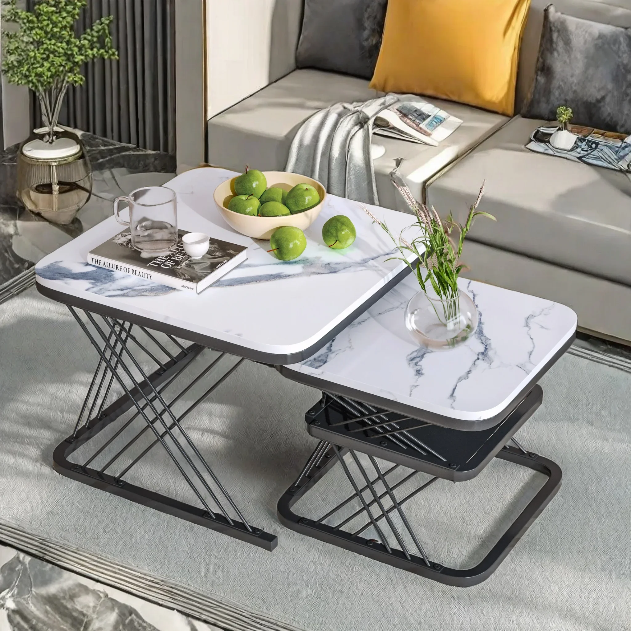 Rosahqnda 2-teiliges Set modernes Couchtisch in quadratischer Form mit Ablage, stabiler Metallständer, moderne Möbel für Wohnzimmer