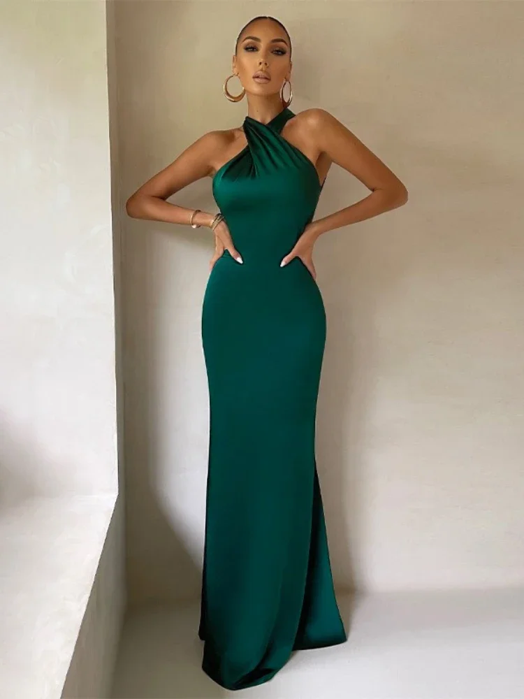 Frau Kleidung Neckholder Off Schulter Solide Abend Party Kleid 2025, Dame Ärmellose Backless Bodycon Satin Formale Kleider Kleid