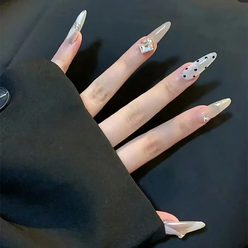 30 Stück lange sarg förmige Presse auf Nägeln, funkelnde Diamant-Kunst nägel mit 1 Nagel kleber und 1 Nagel feile,