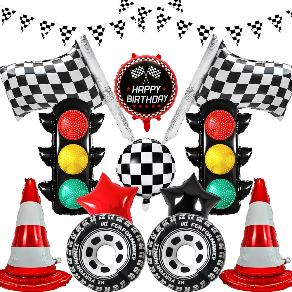 Rennwagen Geburtstag Dekoration Folie Ampel Ballon Auto Reifen Ballon Kariert Wimpel Kinder Automobil Speedy Party Supplies Image