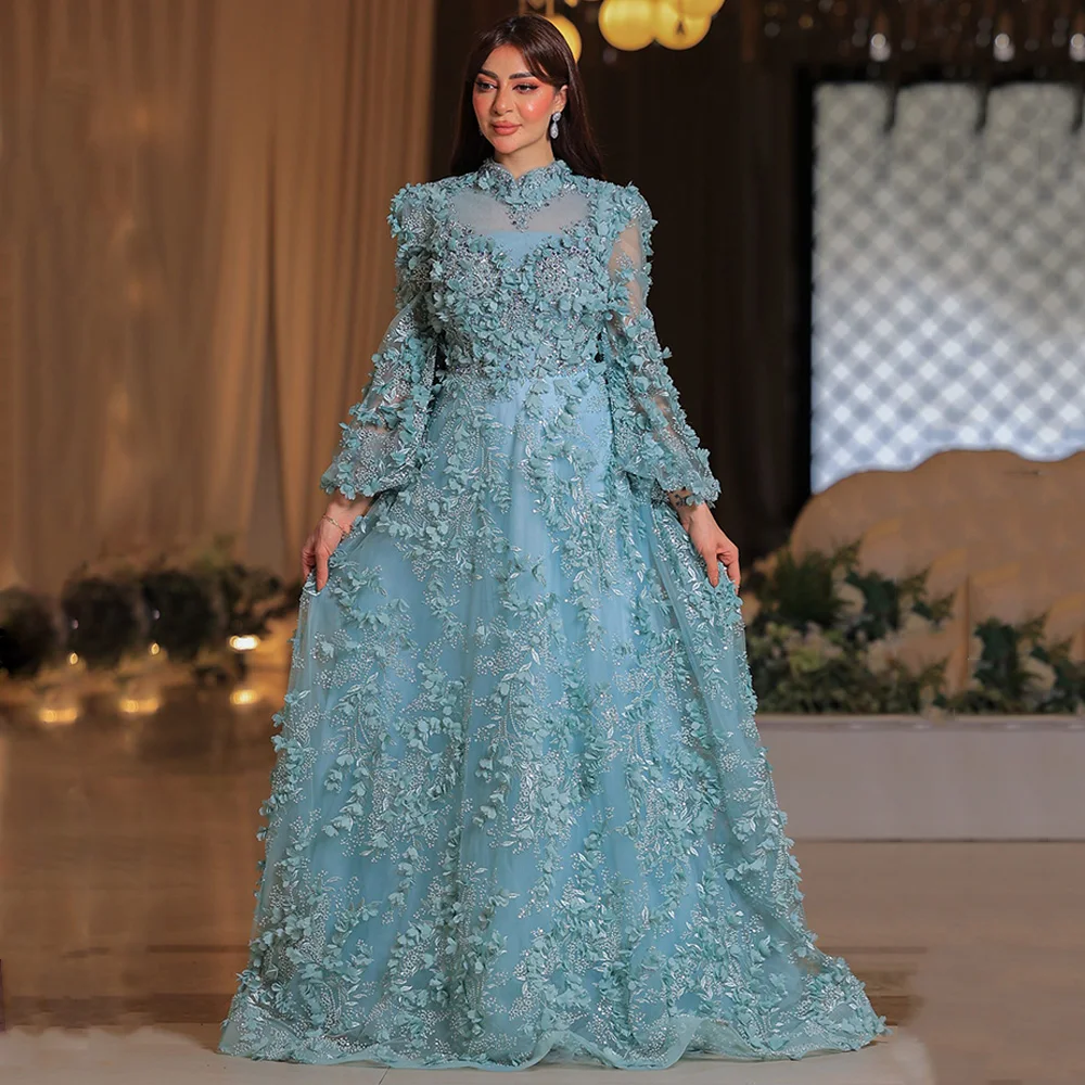 Stunning Saudi Evening Dress Customized Puff Sleeves High Neck Flower Lace Beading Arabian Party Gown Formal Prom Dresses