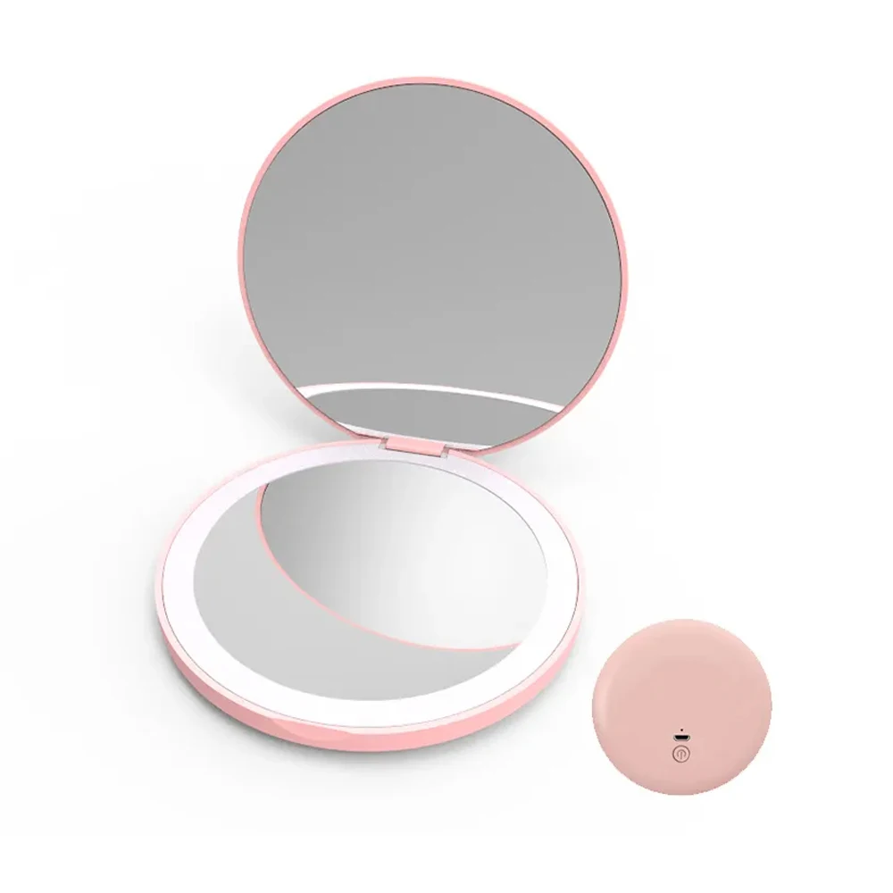 Reise-personalisierter kleiner LED-Licht-Kosmetik-2-seitig klappbarer Make-up-kompakter Taschenspiegel für Damen, Mini-Spiegel mit leuchtendem Effekt