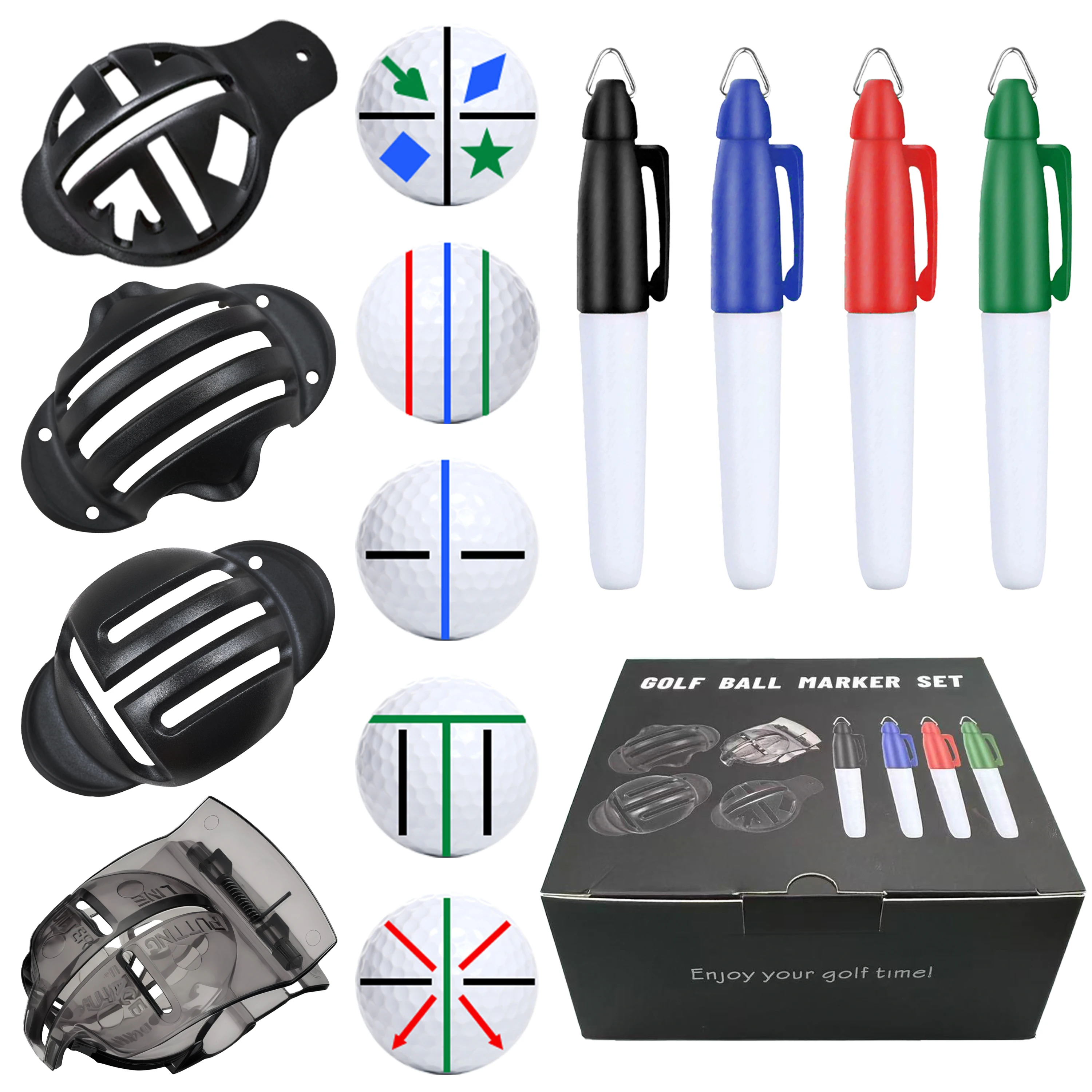 8-teiliges Golfball-Marker-Set für präzise Zielen und persönliche Markierungen, inklusive 4 Ball-Marker-Vorlagen und 4 Farbmarkierungsstiften Image