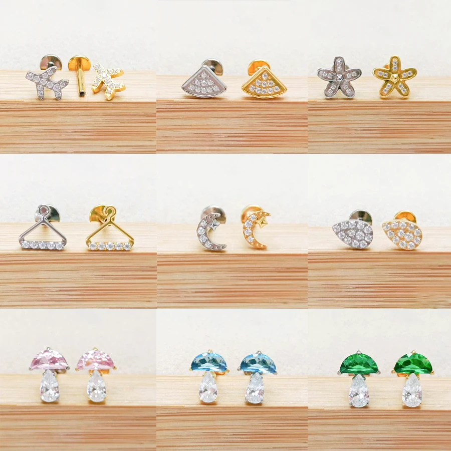 1PC F136 Titanium 16G Piercing Labret Ear Studs Water Drop Zircon Mushroom Internal Thread Lip Stud Helix Conch Tragus Body Jew