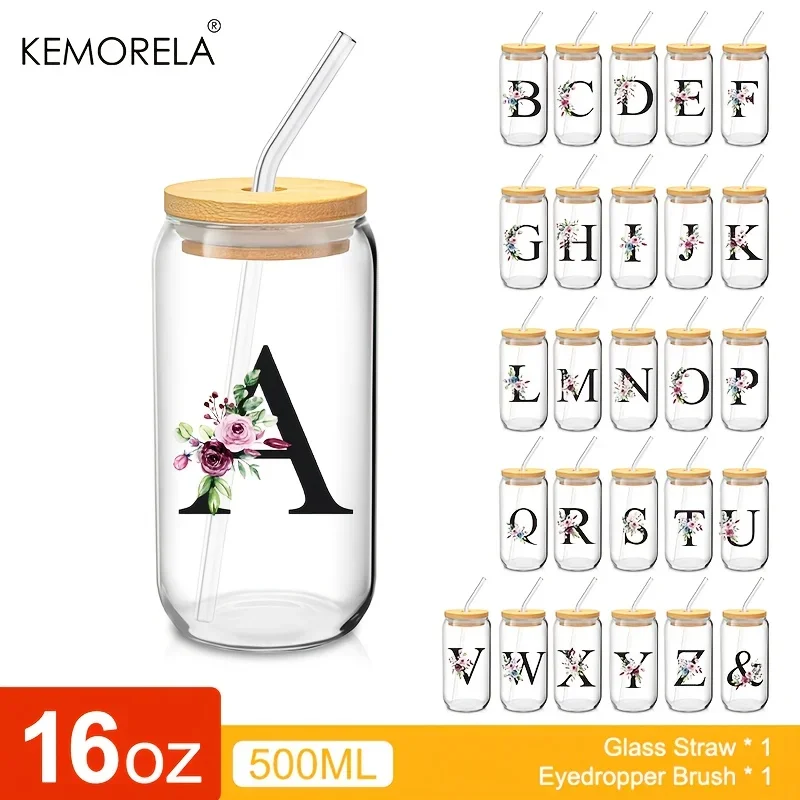 1 Stück 24 Buchstaben Glas Trinkbecher mit Bambusdeckel Stroh Custom Iced Coffee Cup 470 ml Klar Einmachglas Bier Smoothie Cocktail Image