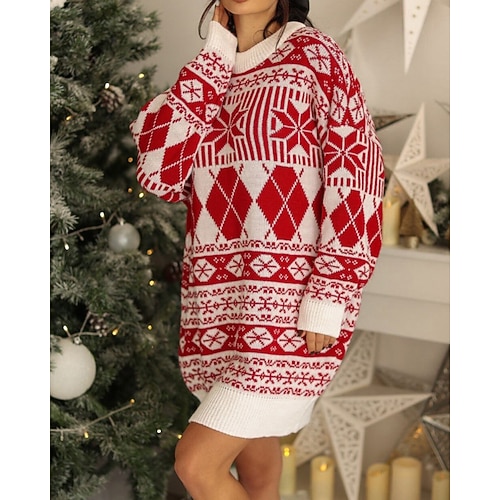 Per donna Mini Abito Abiti in tessuto di lino e policotone Abito di Natale Abito in maglia Abito a Maglia Moderno Natale Uscire Weekend Vestibilità comoda Floreale Geometrico Renna Manica Lunga