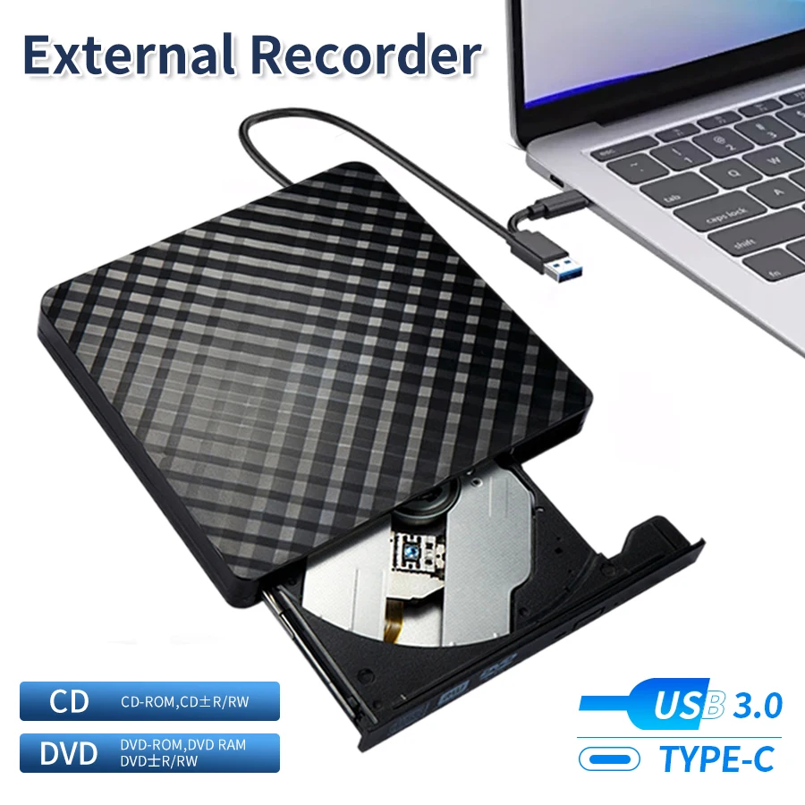 2 in 1 USB 3.0 Tipo C DVD esterno RW ROM Lettore CD Lettore scrittore Unità ottiche per laptop Computer desktop Masterizzatore DVD portatile
