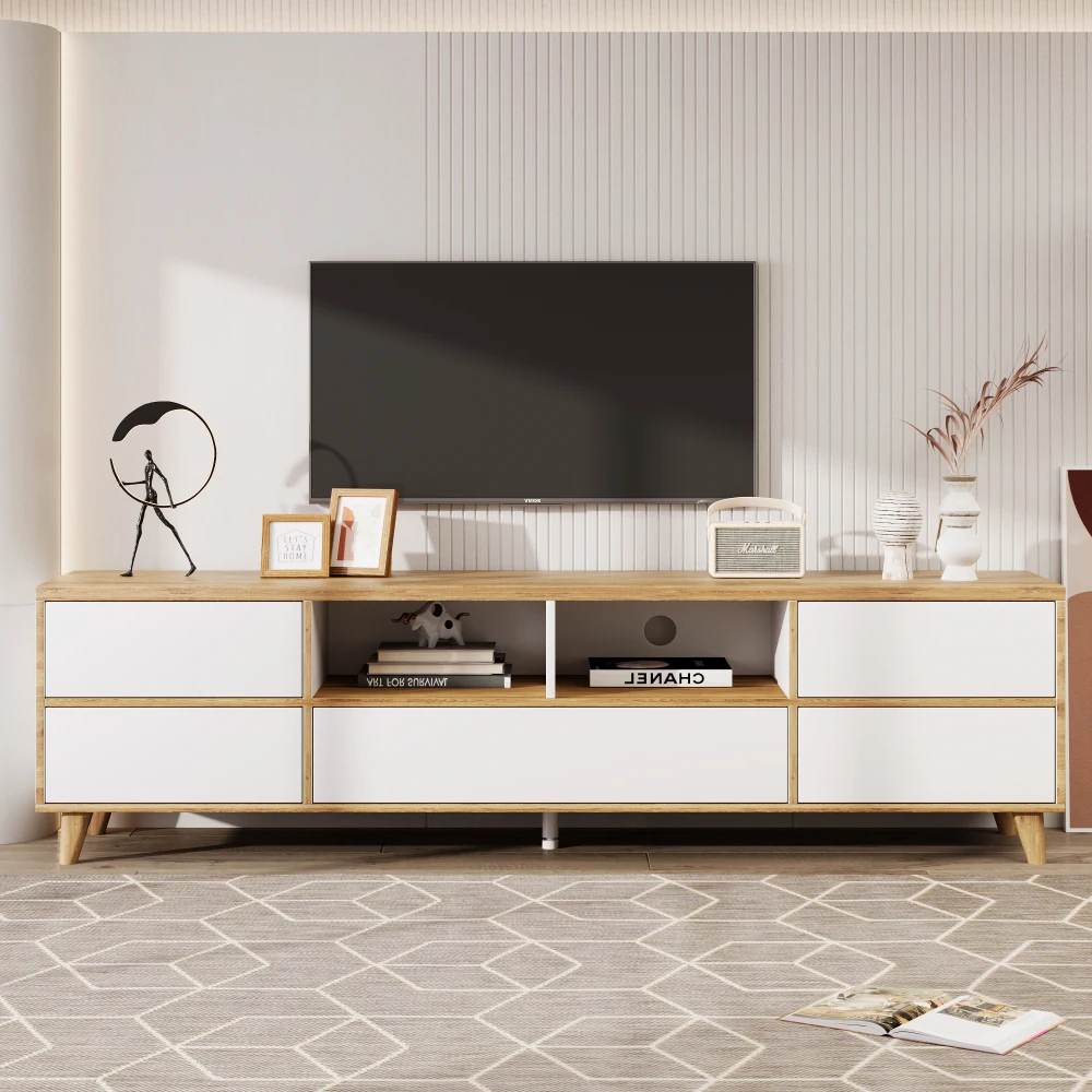 Meuble TV moderne, meuble bas, meuble de salon en couleurs blanc et bois. Pantoufles et portes de style campagnard naturel