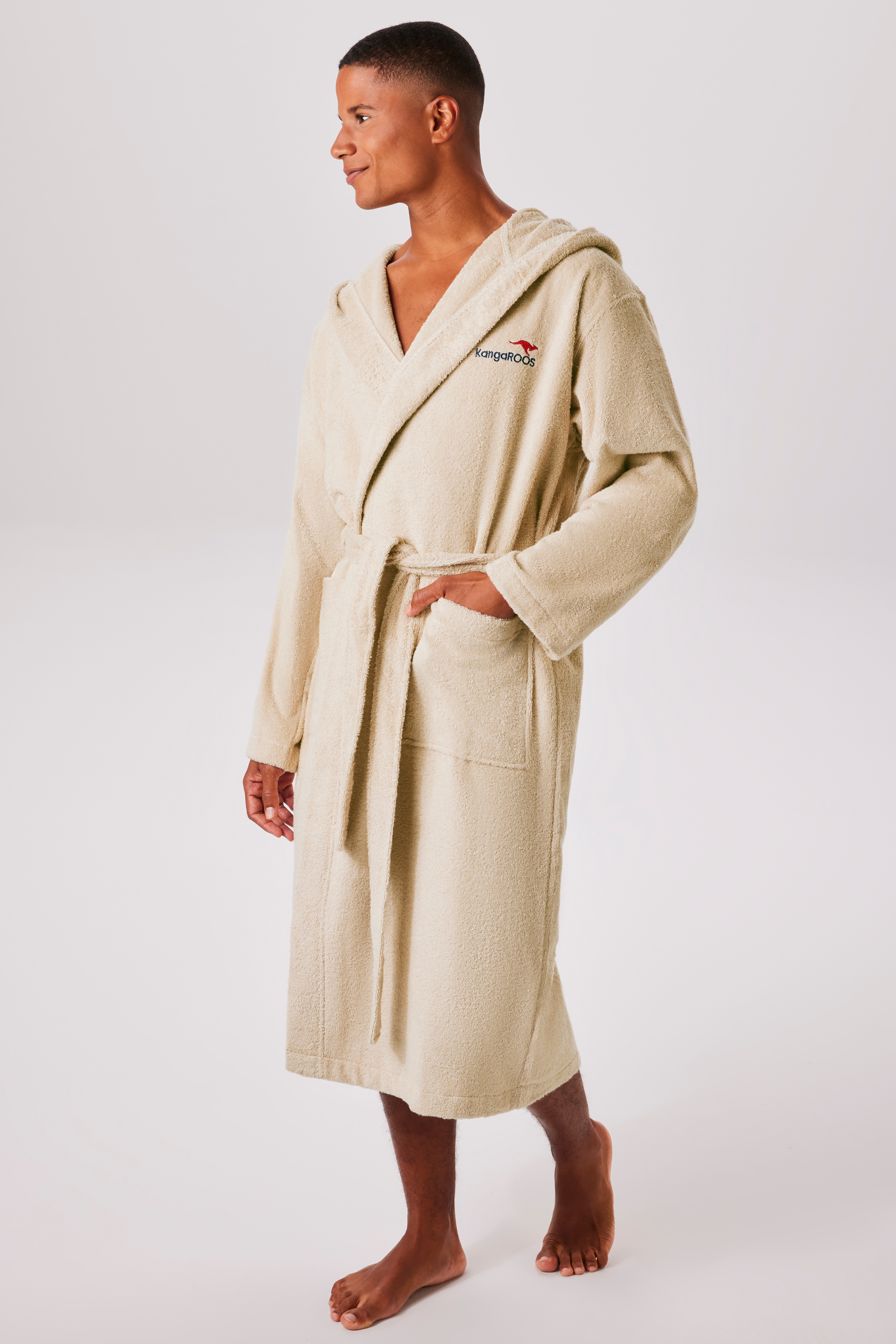 Unisex-Bademantel KANGAROOS "Cassidy, für Damen & Herren, Standardlänge & Überlänge" Gr. L, creme, L:125cm, Walkfrottee, Hausmäntel, mit Taschen, Männer und Frauen, Baumwolle, Reise, Hotel, Sauna, S-3XL Image