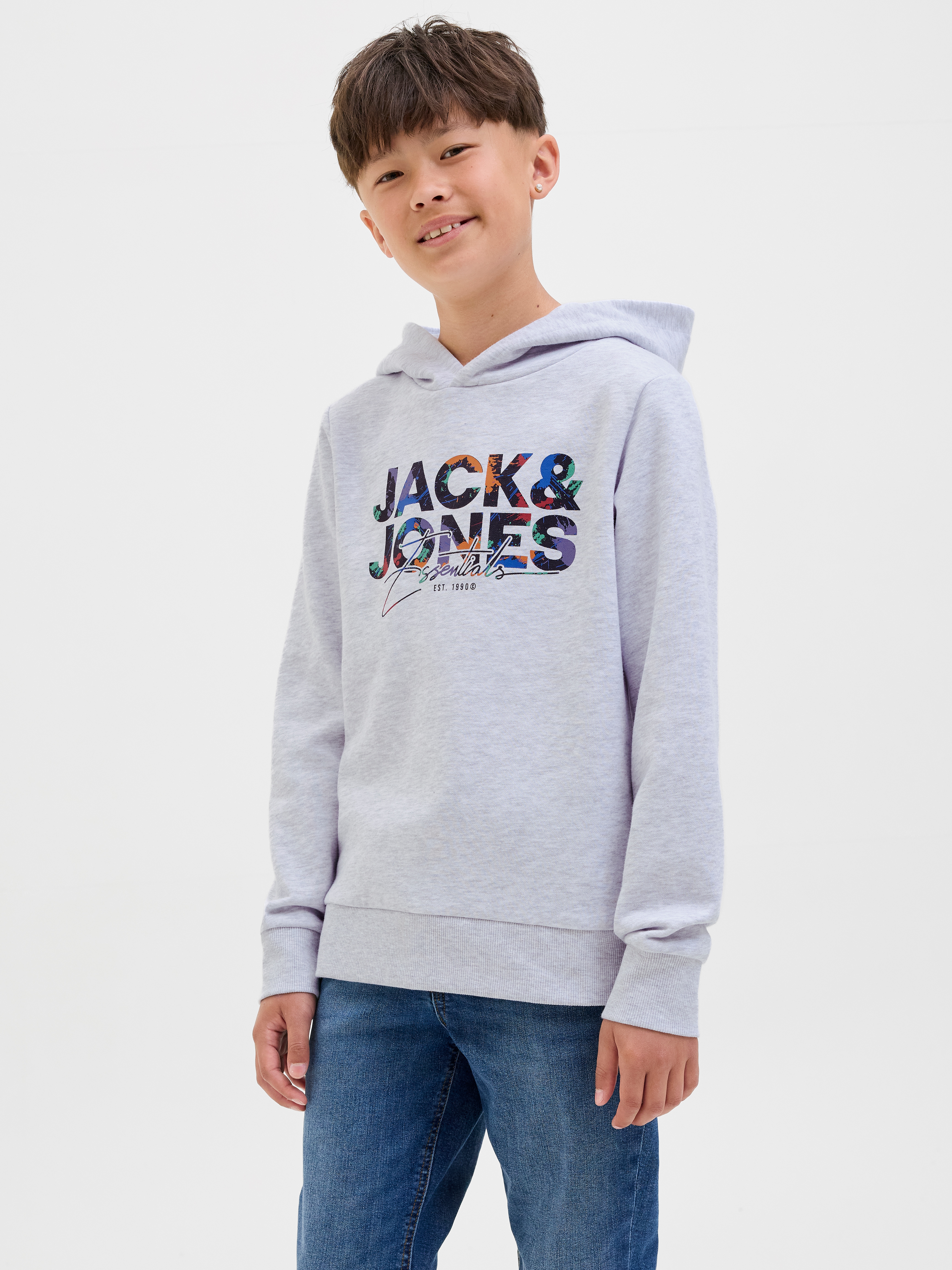 Kapuzensweatshirt JACK & JONES JUNIOR "JJGEPLAS SWEAT HOOD JNR", Jungen, Gr. 152, weiß (weiß melange), angeraute Sweatware, Obermaterial: 70% Baumwolle, 30% Polyester, bedruckt, regular fit normal, Rippbündchen, Sweatshirts Image