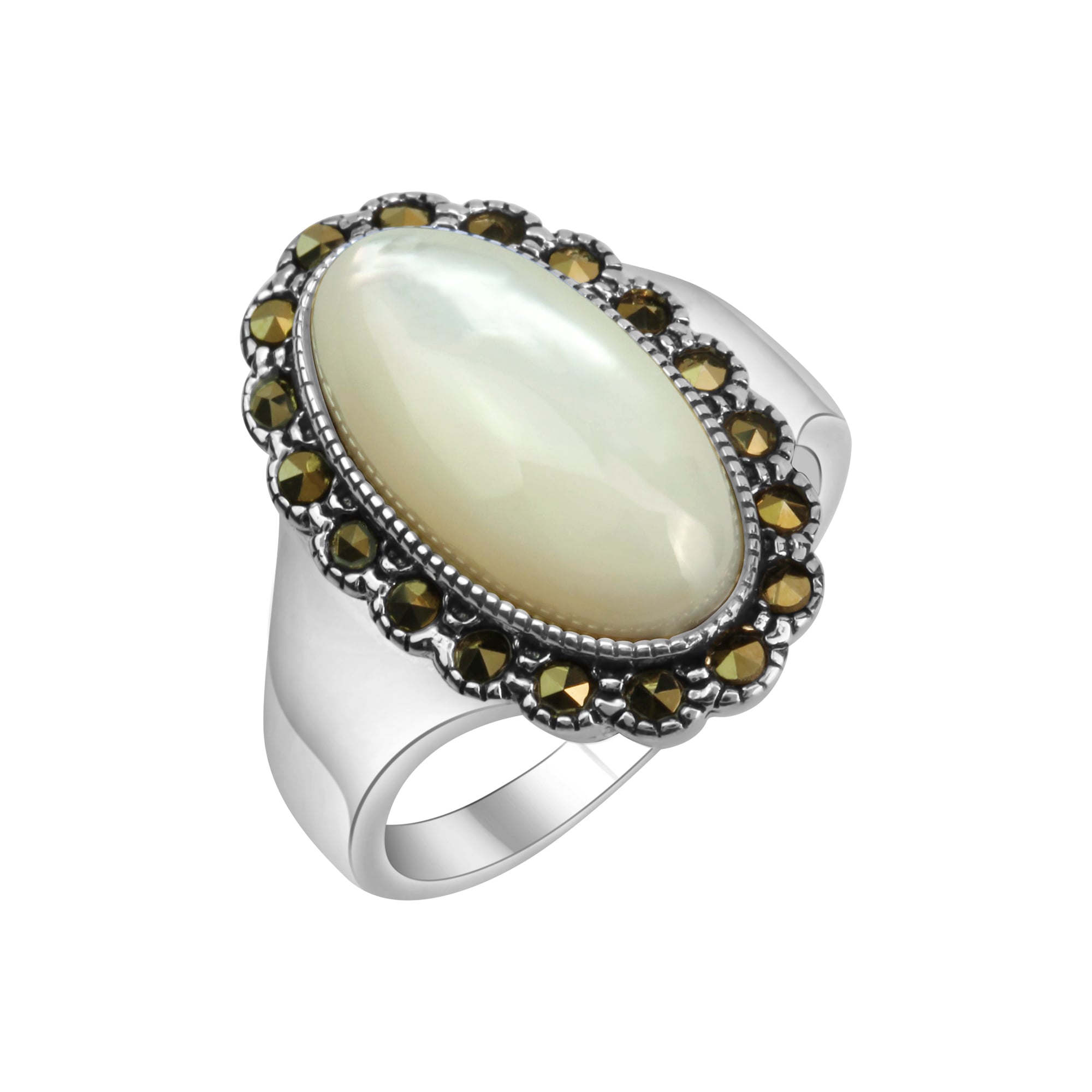 Fingerring ZEEME "Silber 925 oxydiert mit weißem Perlmutt und 18 Markasit-Steinen" Gr. 52, schwarz, Fingerringe, Damen, 052 (16,6), Silber 925 (Sterlingsilber) Image