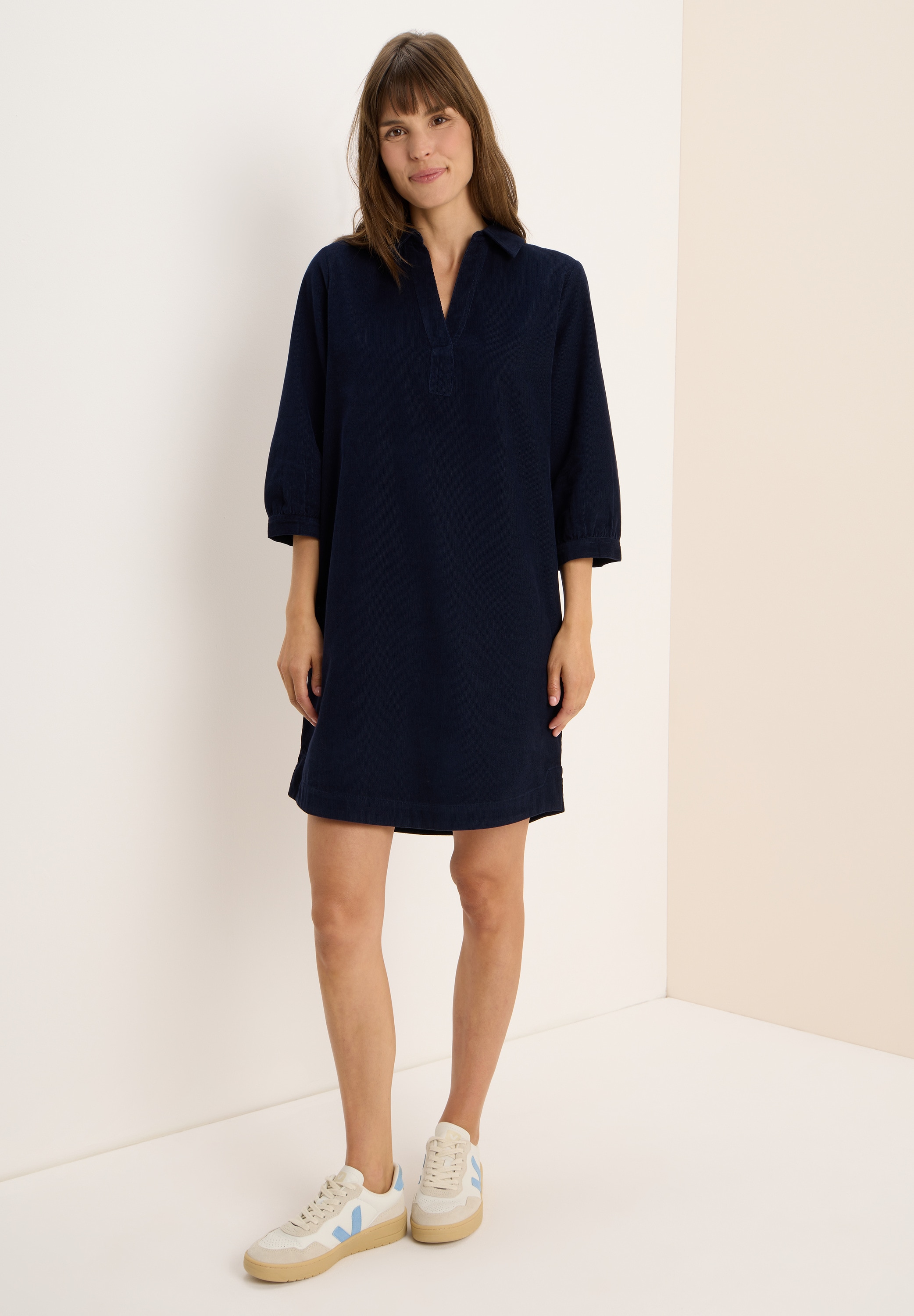 Midikleid CECIL, Damen, Gr. S (38), US-Größen, blau (urban dunkelblau), Web, 100% Baumwolle, unifarben, normal knielang, V-Ausschnitt, Bündchen, Kleider Midikleid, in Unifarbe