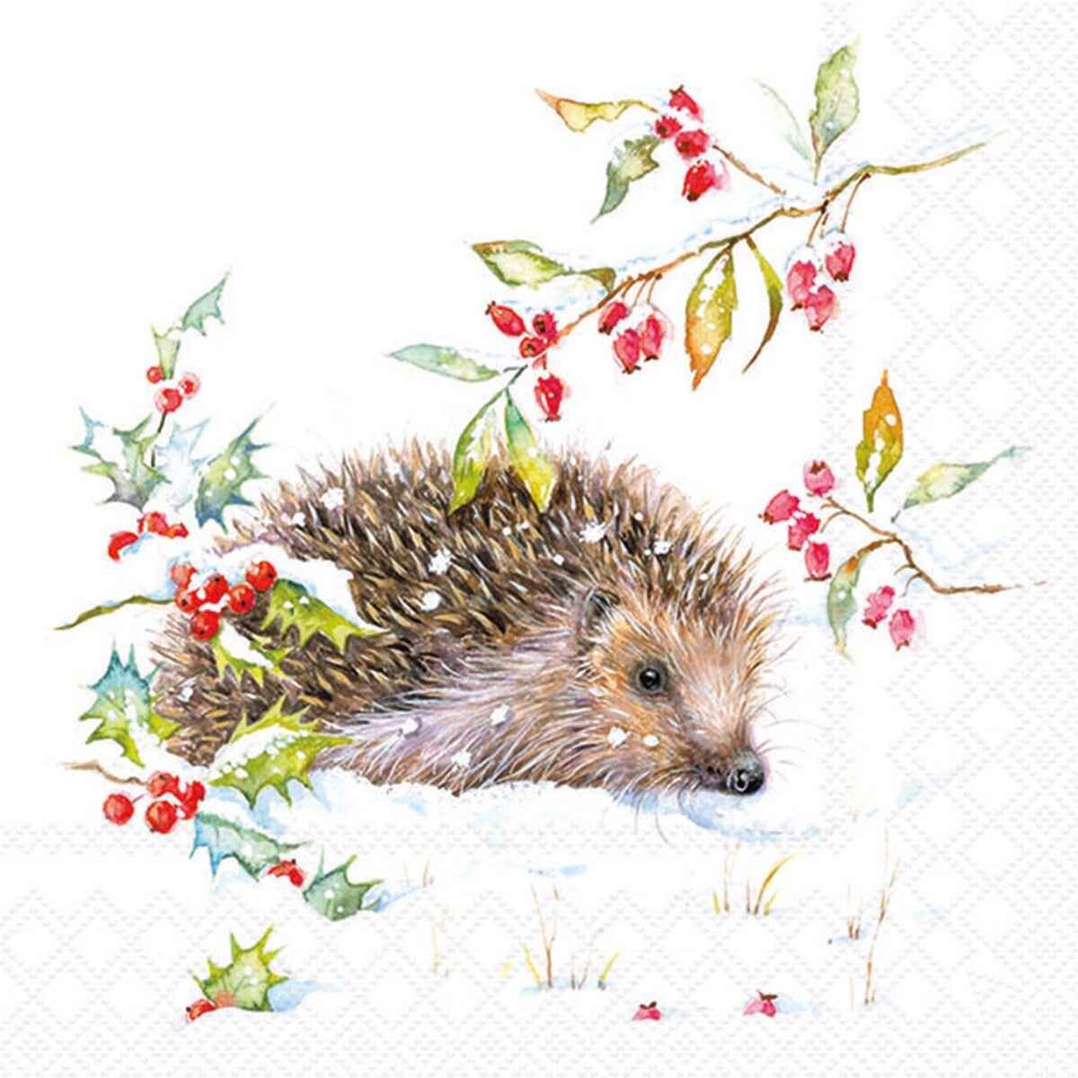 Ambiente 20 Servietten Papier 33x33cm 3-lagig - hochwertige Einweg Papierservietten mit Igel im Schnee Motiv - Winter Tiermotiv mit Beeren - Winterservietten Image