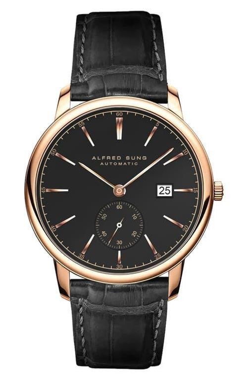 Automatic Iv Leather Strap Watch, 43Mm - Black - Alfred Sung Watches