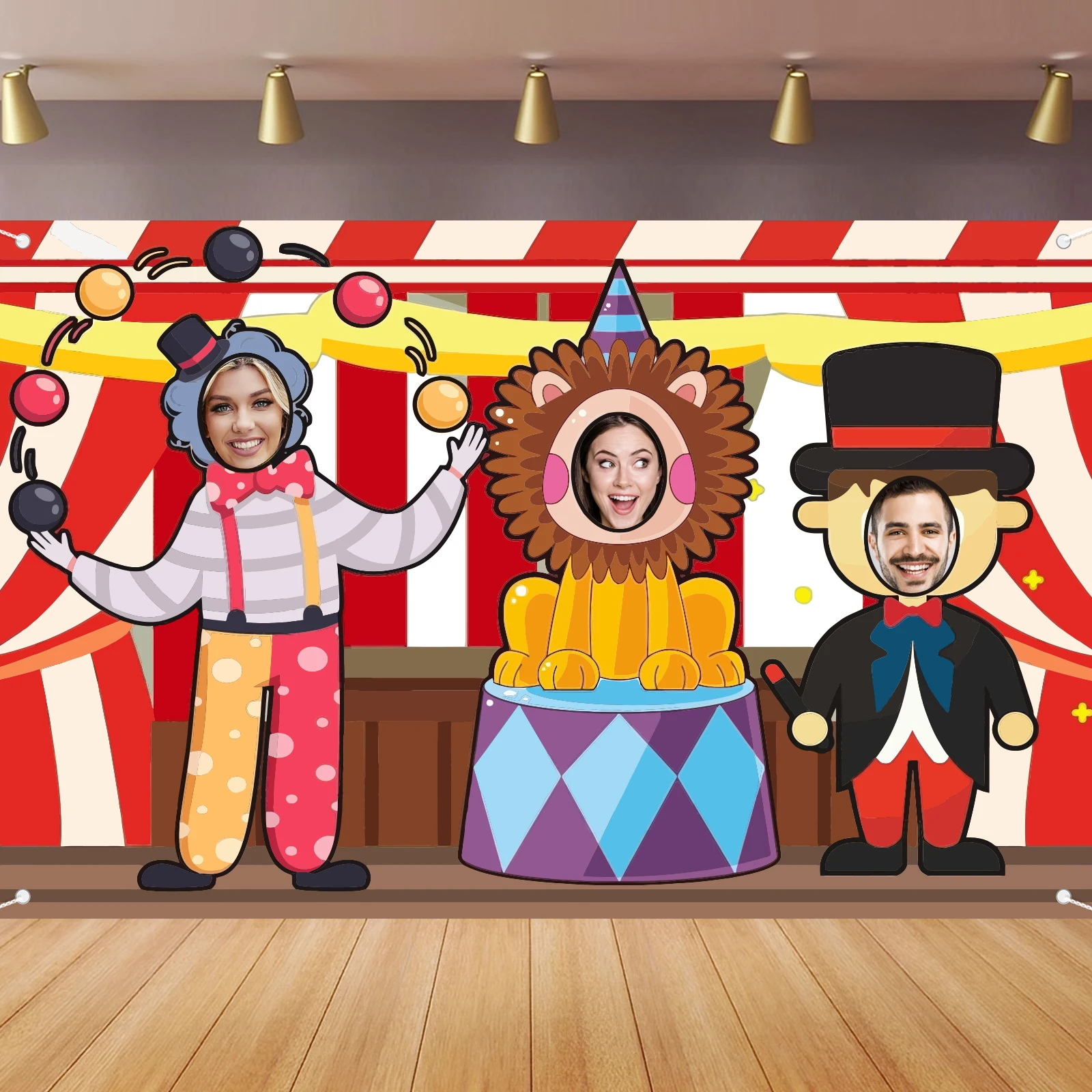 Zirkus Troup Foto Banner Hintergrund Hintergrund Photo Booth Requisiten Rollenspiel Party Spiel Clown Löwe Thema Dekor für Karneval Image