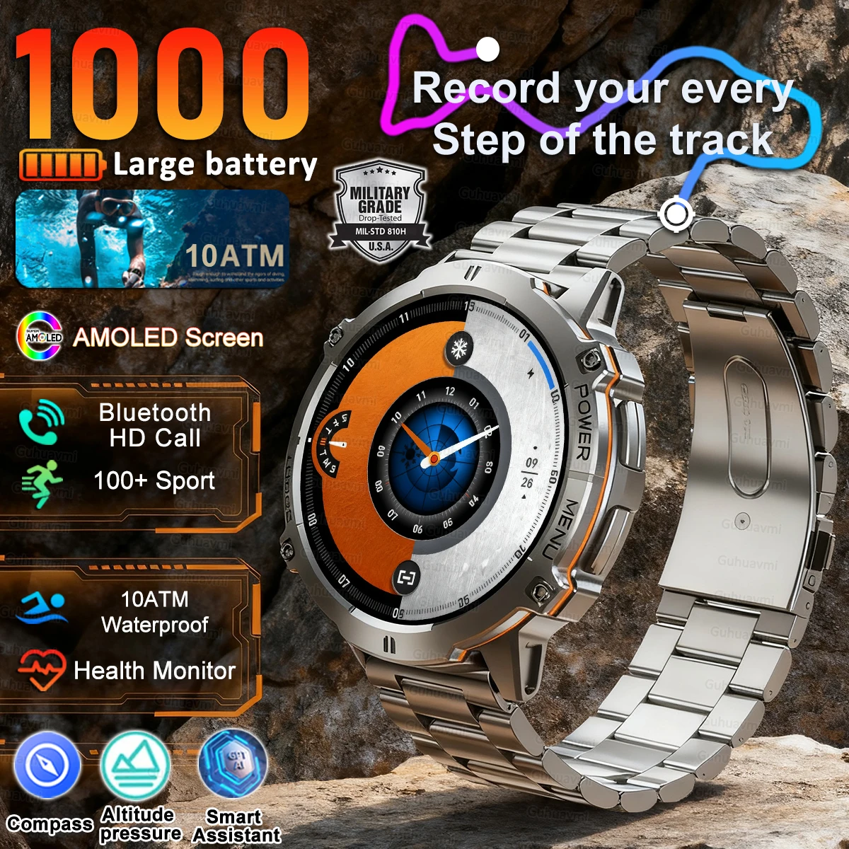 Neue T-REX3 Outdoor Smart Uhr 1,73 zoll AMOLED 1000 mAh Große Batterie Kompass 10ATM Wasserdicht Anruf Sport Männer Fitness armband Image