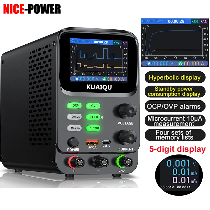 Neueste einstellbare Labornetzteil, Spannungsstrom-Echtzeit-Kurvenanzeige, OCP-OVP-Ausgangsschalter, zum Laden und Testen der Batterie Image