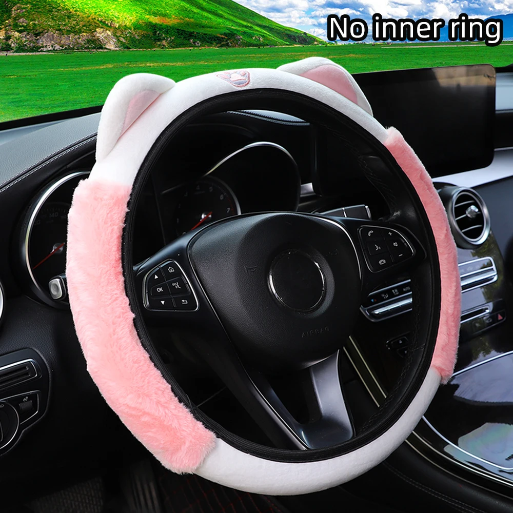 Niedliche Katzenohren-Lenkradabdeckung, weicher Plüsch, warme Winterhand, Autozubehör ohne Innenring, geeignet für 14,5–15 Zoll Räder Image
