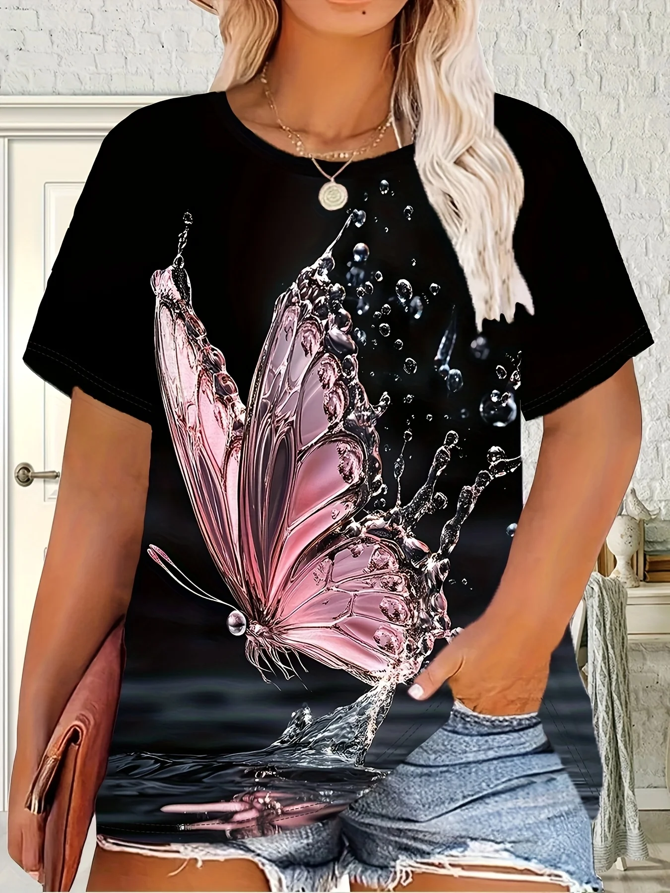 Schwarzes Damen-T-Shirt mit rosa Schmetterlingsdruck, Damenbekleidung, lässig, für den Alltag, Top-Erführung für Partys, Ausflüge, Freizeitkleidung, Y2k Image