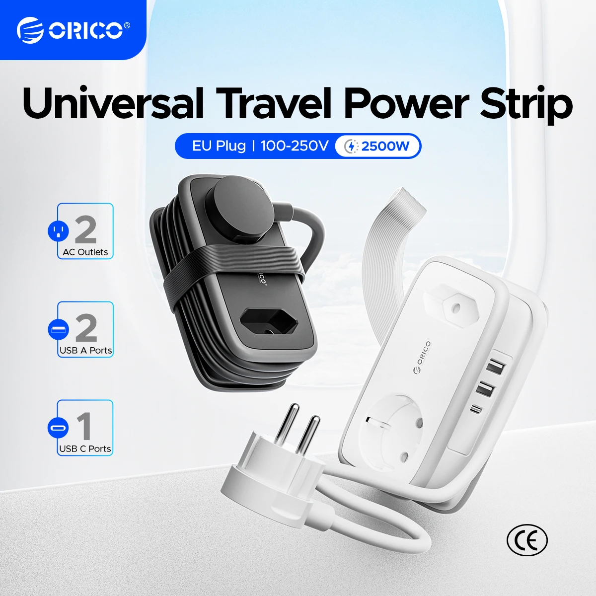 ORICO Steckdosenleiste, 2 AC, 3 USB-Anschluss, EU-Steckdose, 1,1 m Verlängerungskabel, Steckdosen, 5-in-1-Smart-Steckdose für Zuhause/Reisen Image