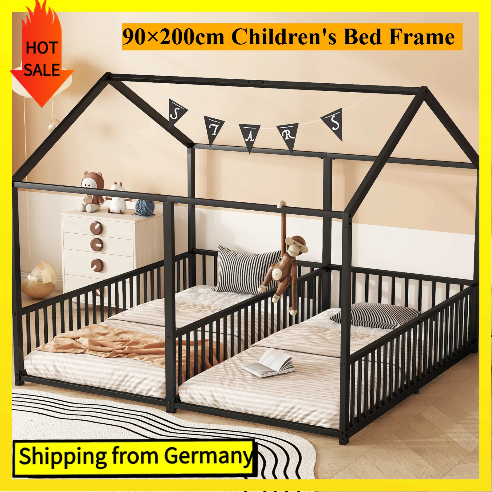Comanlai 90 x 200 cm Kinderbettgestell, Hausbett mit Eisenrahmen und Absturzsicherung, Doppelbett-Design mit Metallbettgestell, Schwarz Image