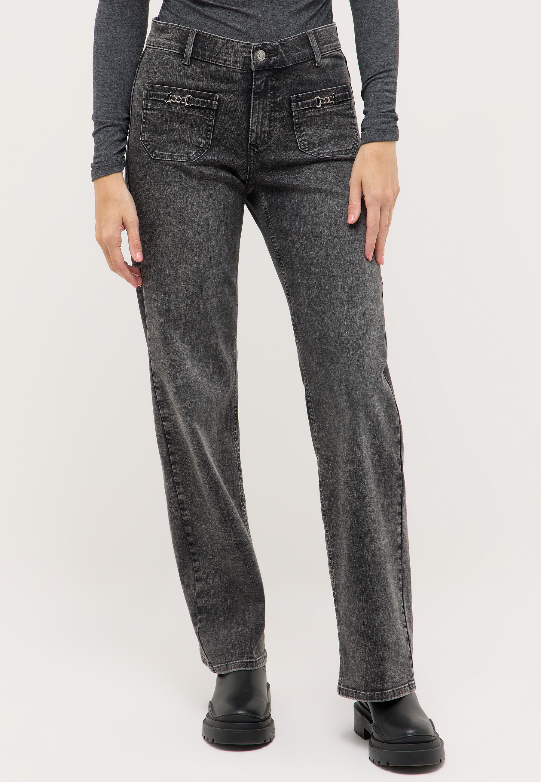 Relax-fit-Jeans ANGELS "LIZ SMART BUCKLE", Damen, Gr. 40, Länge 30, grau random used, Denim/Jeans, Obermaterial: 92% Baumwolle, 6% Polyester, 2% Elasthan, weit lang, Jeans, mit kleinen Schmuckelementen Image