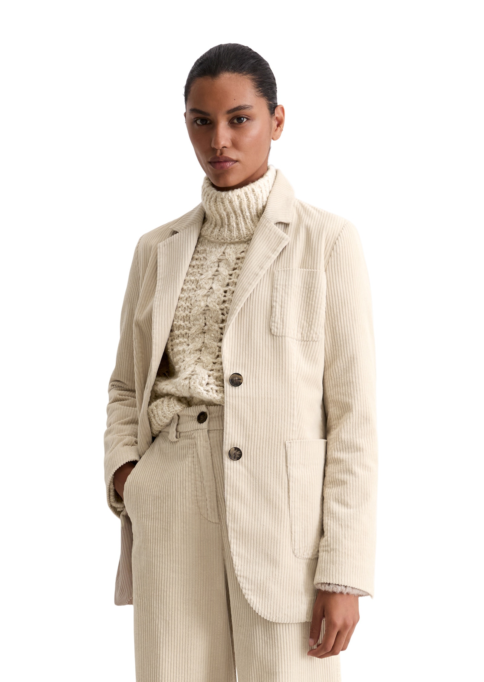 Longblazer MARC O'POLO "aus reiner Organic Cotton", Damen, Gr. 38, beige (light oat), Cord, Obermaterial: 100% Baumwolle; Futter: 95% Polyester, 5% Elasthan, unifarben, figurbetont normal, Blazer Longblazer