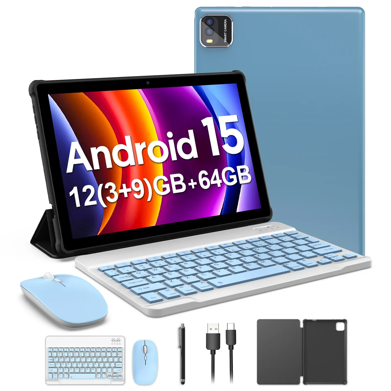 10-Zoll-Android-15-Tablet, Quad-Core-Prozessor, 12 GB (3+9 erweiterbar) RAM + 64 GB Speicher, 5G WiFi, 1280*800, 2-in-1-Smart-Tablet Image