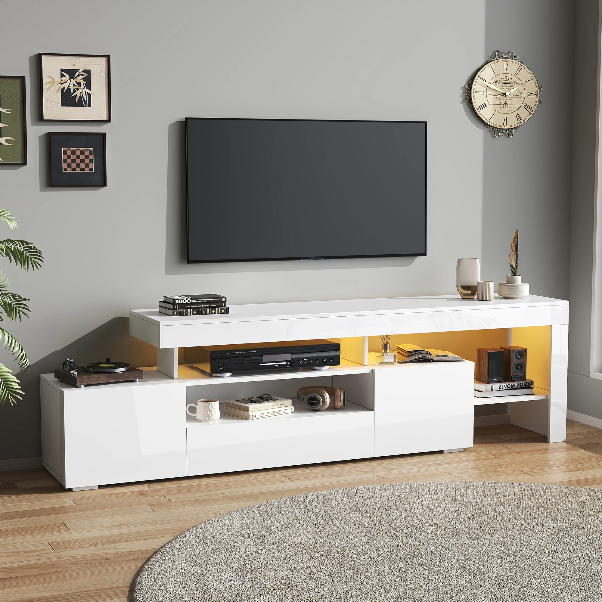 Meuble TV 192*37*53cm avec 3 armoires, meuble TV et meuble TV avec LED, panneau bas brillant et table TV, panneau TV et coffre TV