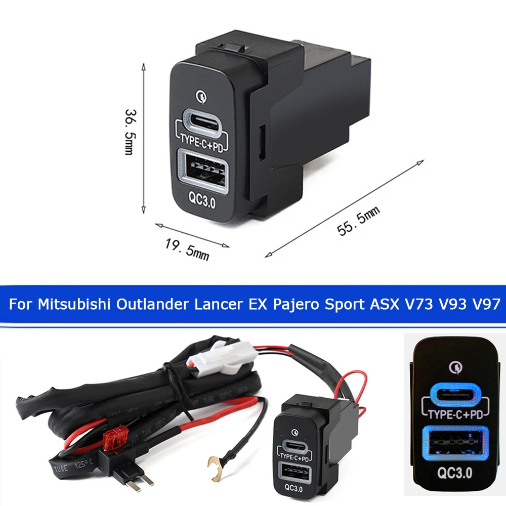 Auto USB Ladegerät PD Schnell Ladung QC 3,0 Telefon Lade Adapter Outlet Taste Für Mitsubishi Outlander LANCER Pajero V73V93V97 Image