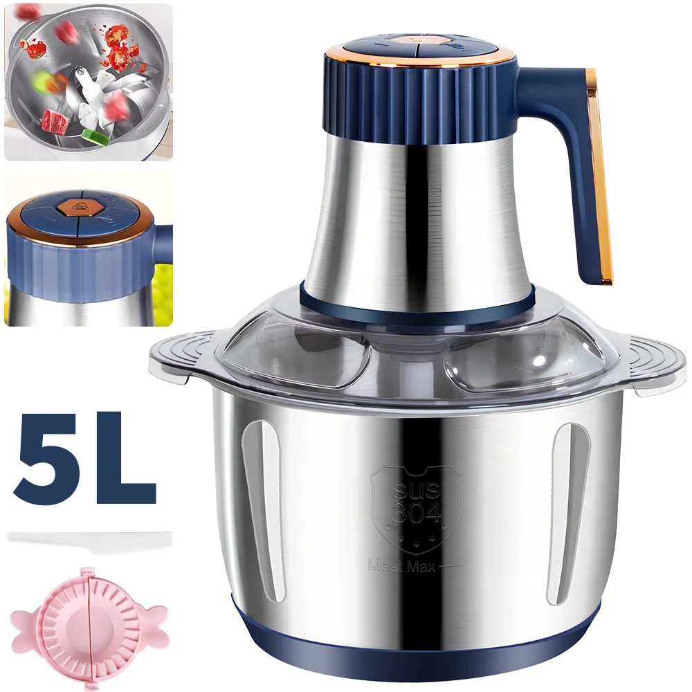 5 l elektrischer Fleischwolf, Küchenmaschine, Zerkleinerer, 2 Geschwindigkeiten, Edelstahl, multifunktionaler Gemüseschneider, Zerkleinerer, Lebensmittelzerkleinerer