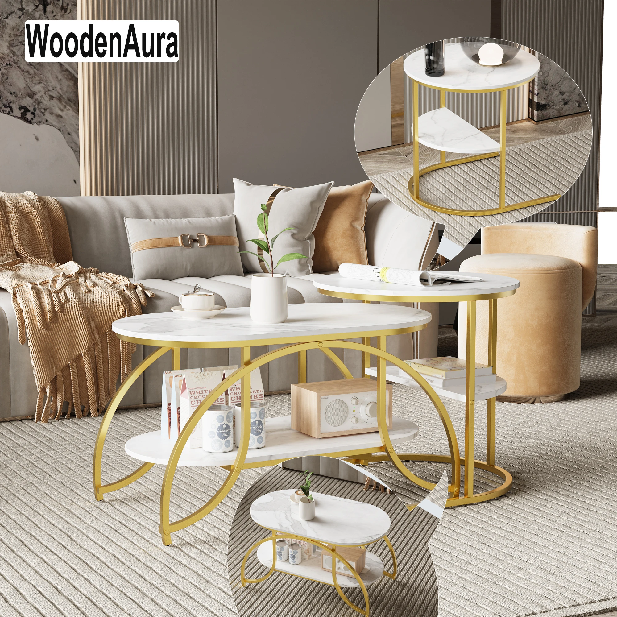 Couchtisch 2er Set, rund, oval, mit Stauraum, Marmor-Optik, Metallrahmen, Wohnzimmertisch, Couchtisch, goldfarbene Metallbeine