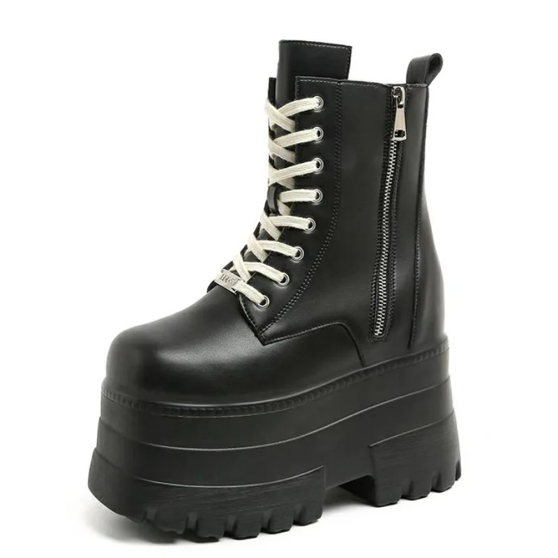 14 CM Neue Ankle Booties Schuhe Punk Natürliche Stiefel Frauen Motorrad Stiefel Plattform Damen Mode Botas Winter Herbst Plus Größe 43