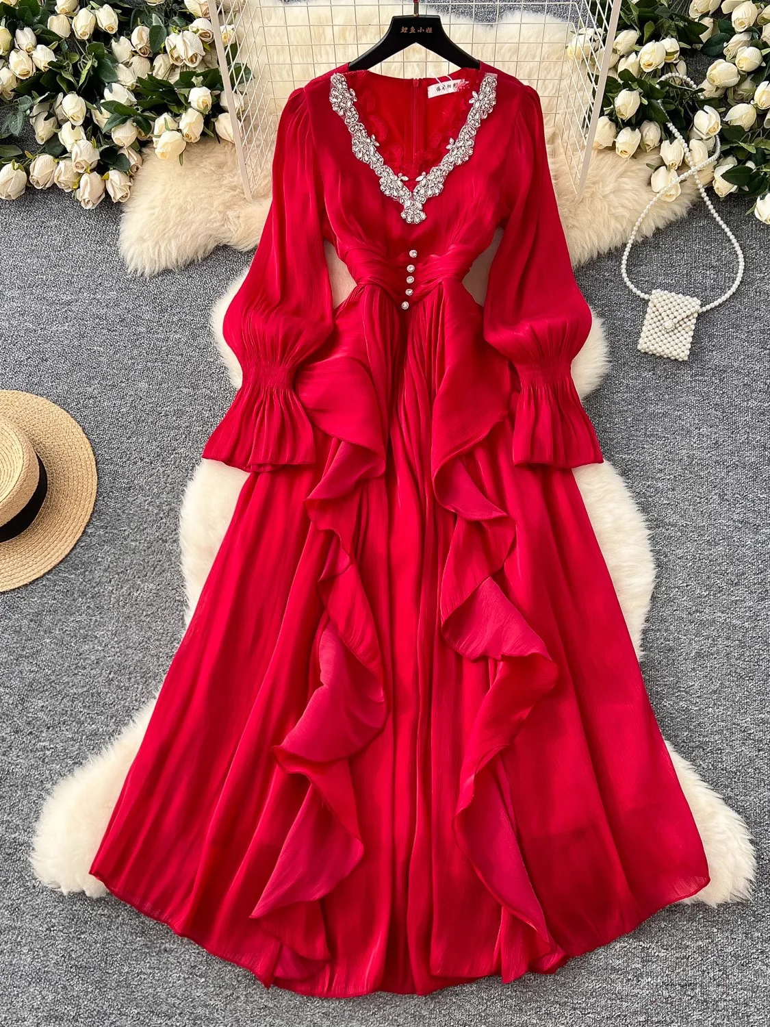 Frühling Herbst Frauen Party Lange Kleid Elegante Weibliche Rot/Lila/Beige/Schwarz Diamanten Patchwork Rüschen A-Line Maxi vestidos Neue