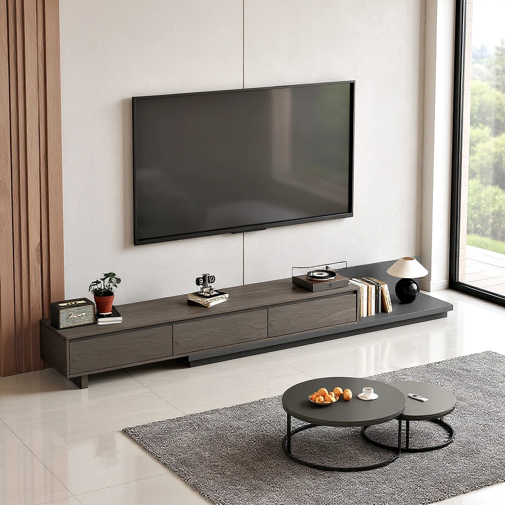 Oleylucklive Meuble TV Meuble centre de divertissement - Meuble TV bas extensible à 3 tiroirs (longueur étendue de 180 cm à 300 cm) Meuble de rangement extensible Meuble multimédia de salon Noyer noir