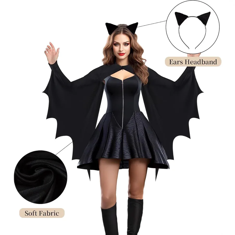 Fledermausflügel-Kostüm für Damen, Erwachsene, Halloween, schwarzer Fledermaus, Vampir, Teufel, Geisterumhang mit Ohr-Stirnband, Karneval, Party, Gothic-Kostüm Image