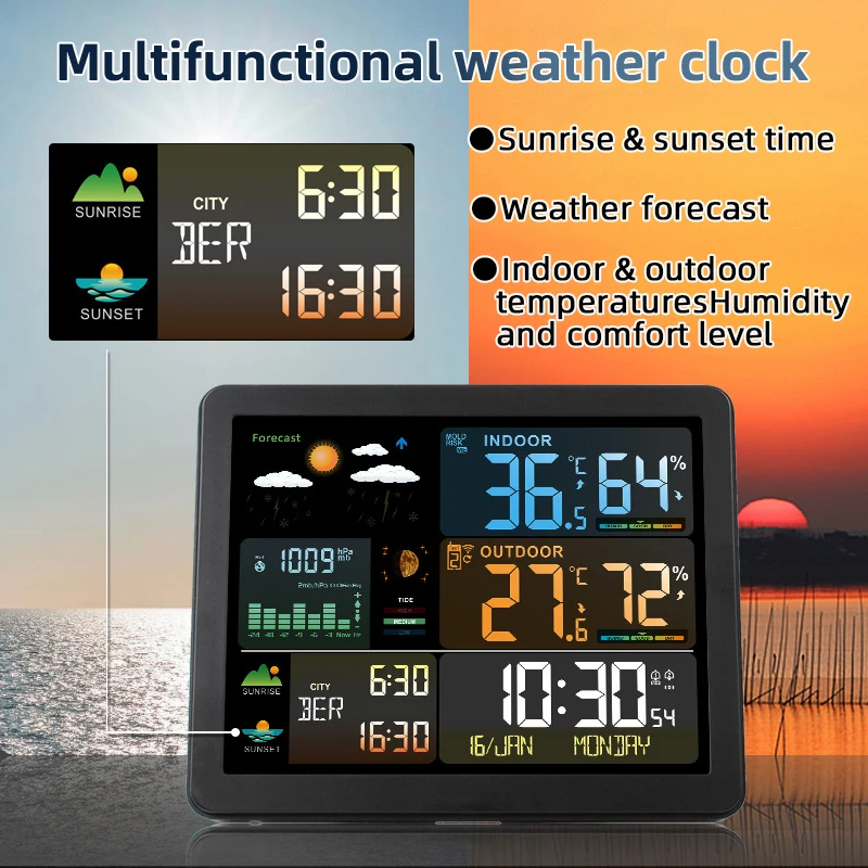Station météo multifonction thermomètre extérieur intérieur sans fil, Station de prévision de thermomètre météo numérique à affichage couleur