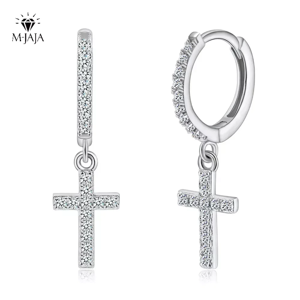 M-JAJA Volle Moissanit Ohrringe für Männer/Frauen Kreuz Tropfen 925 Sterling Silber Creolen D Farbe VVS1 Hip Hop paar Schmuck