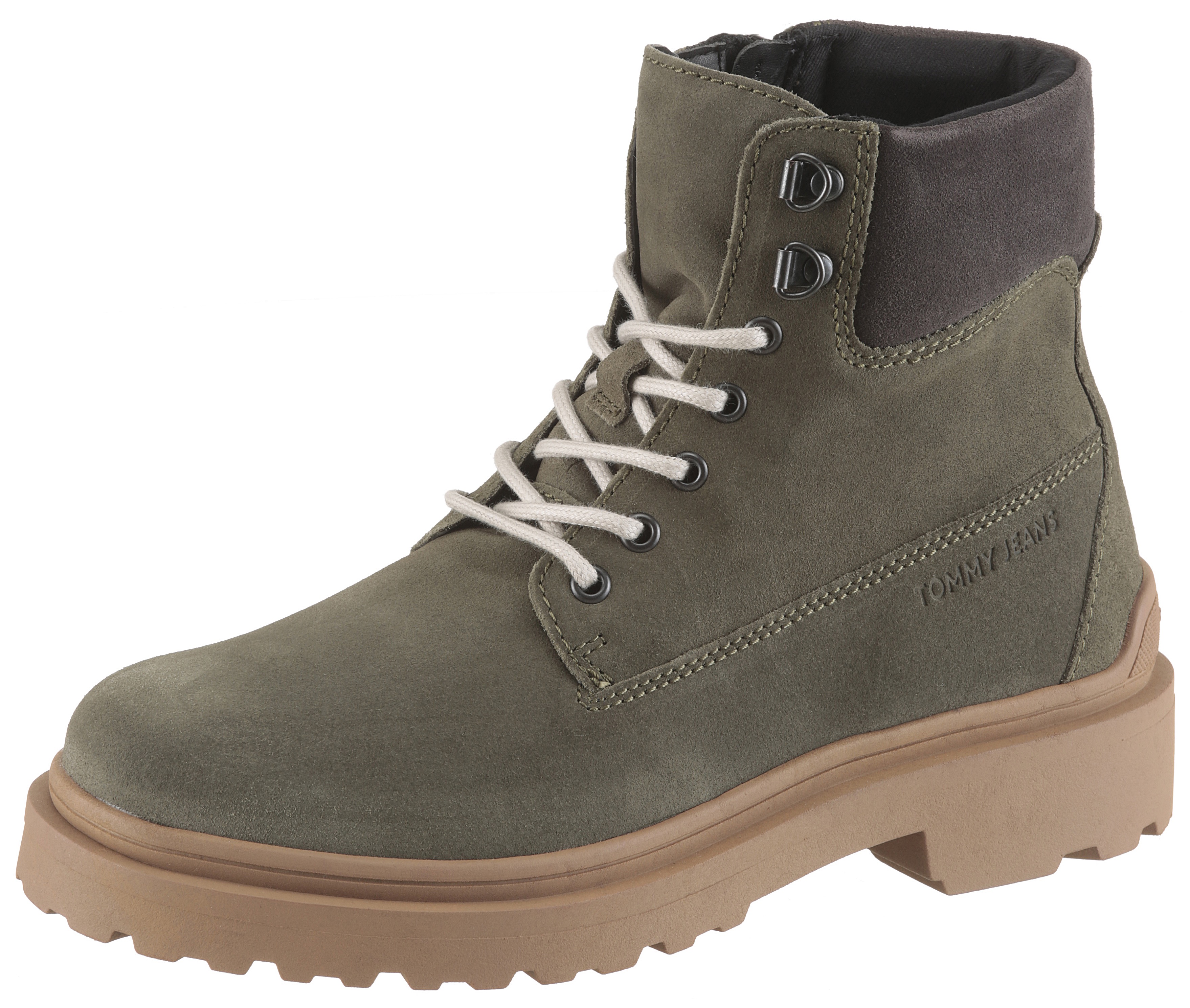 Schnürboots TOMMY JEANS "TJM LACE UP BOOT SUEDE", Herren, Gr. 46, olivgrün, Veloursleder, used, Schuhe Schnürboots, Blockabsatz, Outdoorboots, mit Ösen, im Bergsteigerlook