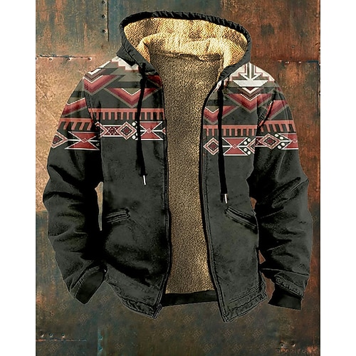 Homme Graphique Géométrique Sweat à capuche Veste Mode Streetwear Occasionnel manche longue À capuche Extérieur Sport en Plein Air Sortir Kaki Gris foncé Gris Avec Poches Imprimé Toison Hiver Designer