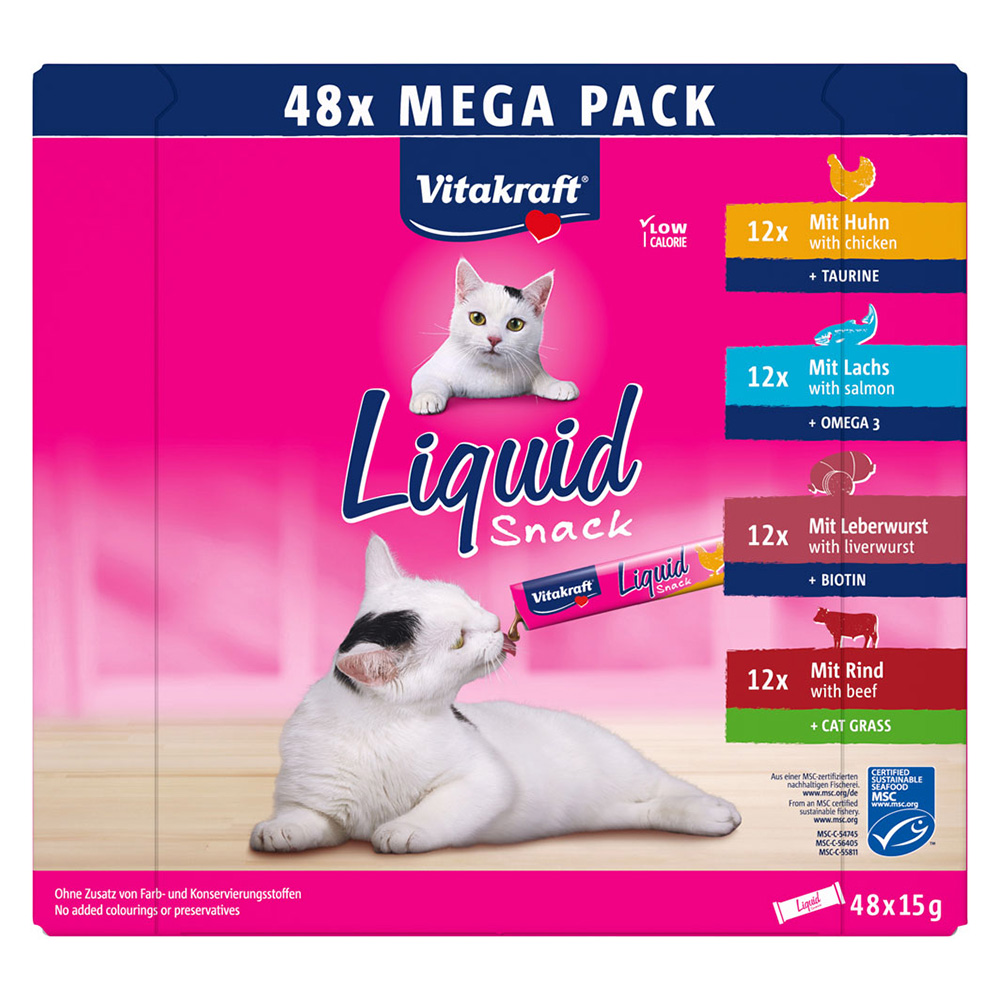 Vitakraft Cat Liquid Snack Multipack - Mix 2: 48 x 15 g (Pollo, Manzo, Salmone, Salsiccia di fegato)