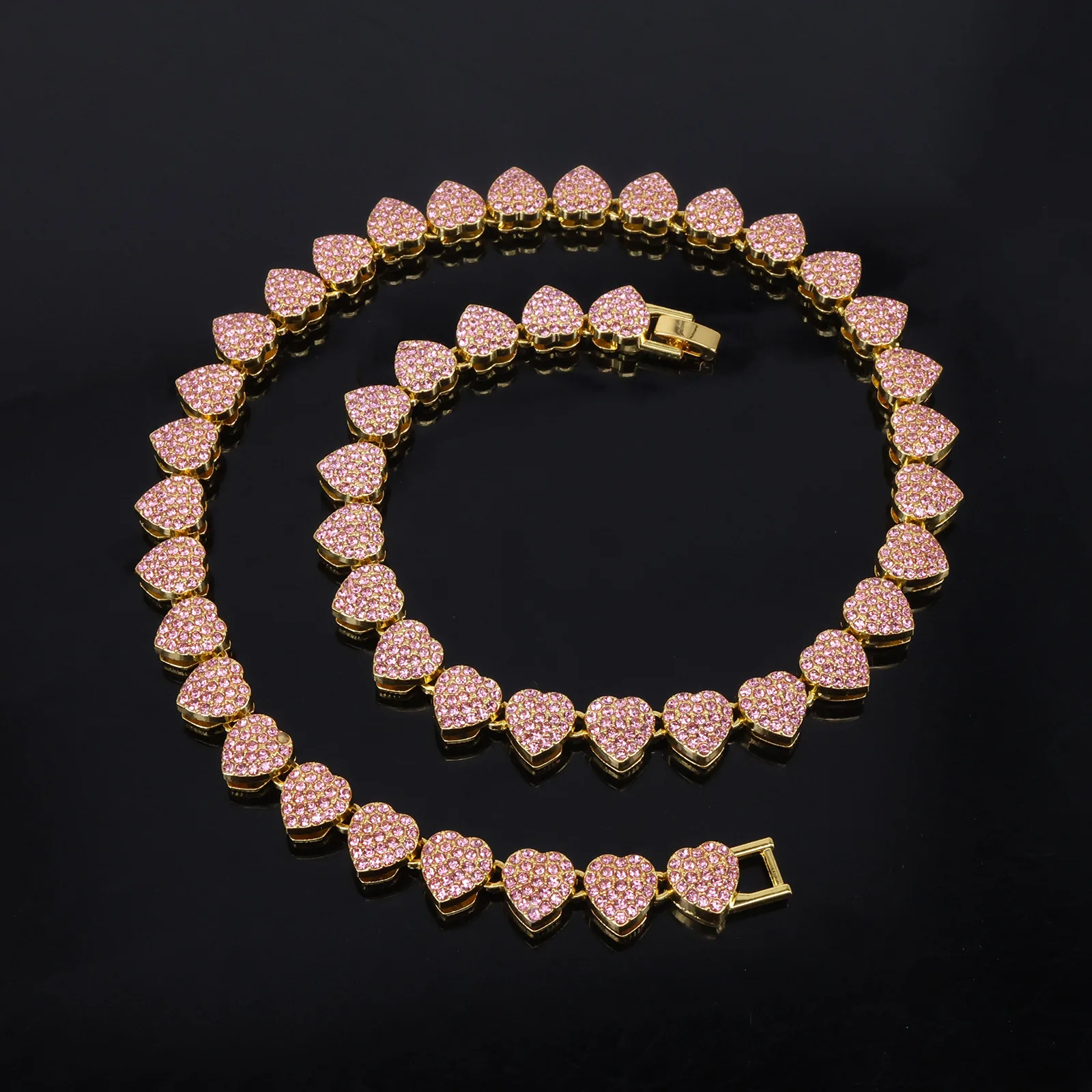 ZAKOL Neue 11mm Breite Herz Hip Hop Armband Halskette Glänzend Rosa Klar Strass CZ Street Rock Ornamente Schmuck für frauen Männer