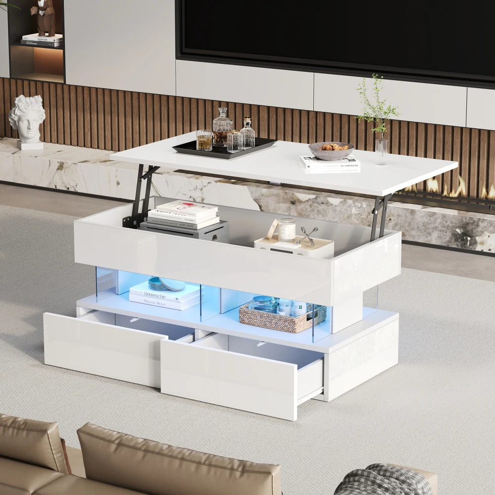 100 x 50 x 46 cm anhebbarer Sofatisch mit höhenverstellbarer Tischplatte und versteckter Stauraum, mit LED, Couchtisch mit 2 Schubladen