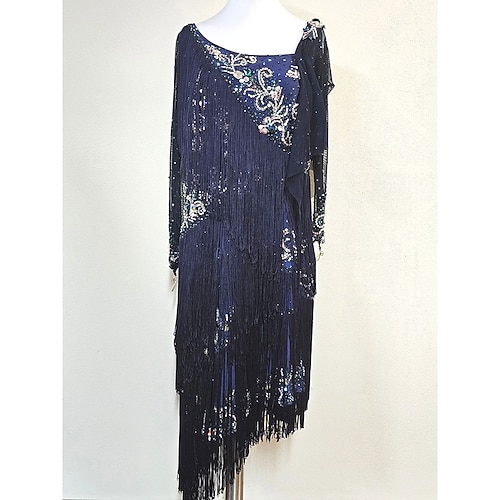 Damen Latein Tanzkleid Marineblau Fransen Perlenstickerei Asymmetrisch Langarm Jazz Rumba Performance Kostüm Image