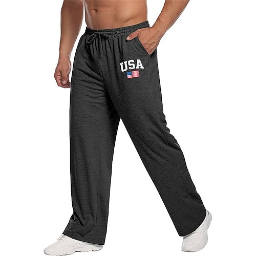 Herren Jogginghose Hose Gerade geschnittene Sweatpants Kordelzug Tasche Elastischer Bund Amerikanische US-Flagge Komfort Sport im Freien Täglich Mode Lässig Schwarz Marineblau Mikroelastisch Image