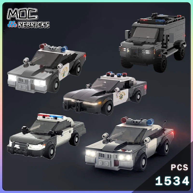 MOC Vintage Polizei Interceptor Auto SWAT California Autobahn Patrol Lkw Lenco Bearcat Bausteine DIY Modell Ziegel Spielzeug Geschenk Image