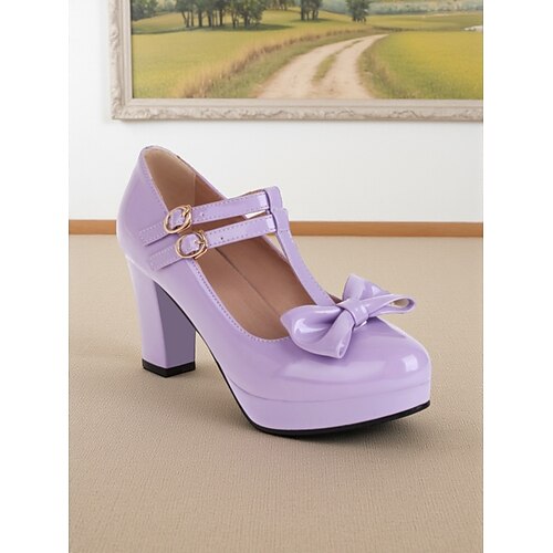 Damen-Pumps im Vintage-Stil der 1950er Jahre aus Lackleder mit T-Riemen und Schleifendetail, bequemer, klobiger Blockabsatz, elegant für Partys, Hochzeiten und besondere Anlässe Image