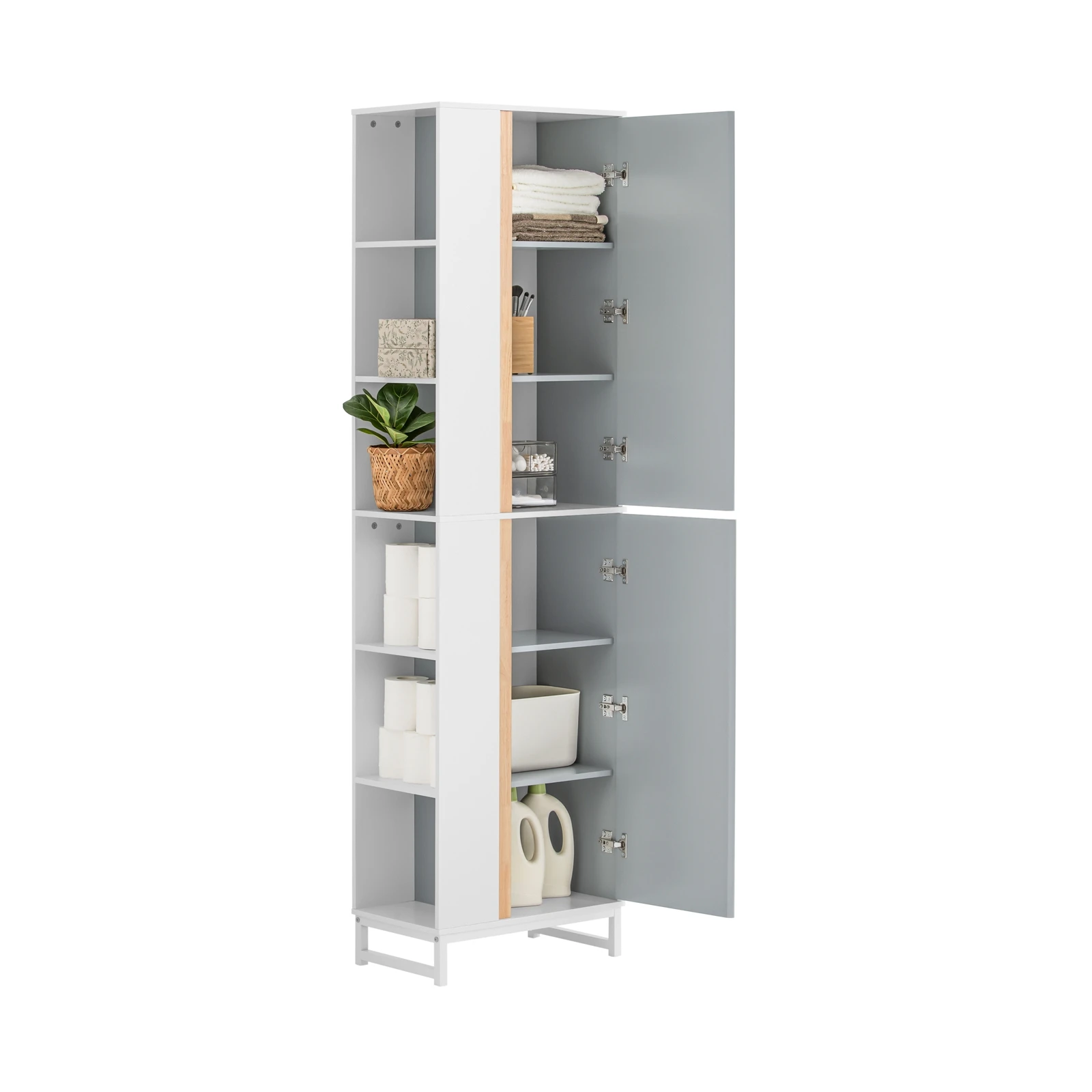 SoBuy BZR76-HG Armoire haute armoire de salle de bain armoire de salle de bain étroite avec 2 portes étagère de salle de bain armoire de salle de bain meubles de salle de bain gris clair