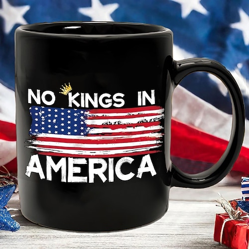 Patriotische Tasse „Keine Könige in Amerika seit Weihnachten", Geschenktasse, patriotische Mütze, 325 ml, Keramikkaffee, Retro-Tasse mit amerikanischer Flagge für Männer und Frauen, Unabhängigkeitstag Image